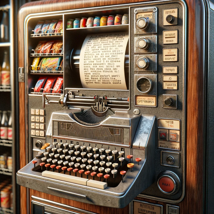rendering of an old fashioned vending machine with a typewriter interface